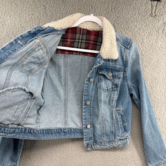 L.E.I. Sherpa Collar Denim Jacket Juniors M Blue Jean Trucker Plaid Lined Vtg - Picture 7 of 10
